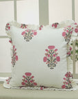 Handmade Floral Block Printed Thick Cotton White Frill Pillow Cover - Swadesh