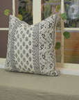 Hand Block Printed Off White Linen Designer Pillow Cover -  Flower Buta